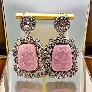Vintage Estate Signed Palace Style Pink Carved Jade Crystal Beaded Gold Earrings